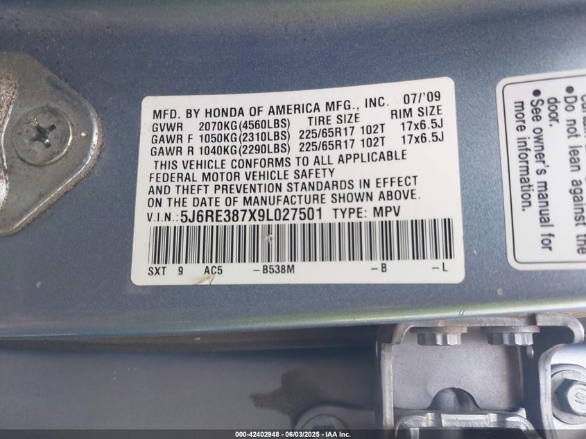 2009 HONDA CR-V VIN: 5J6RE387X9L027501