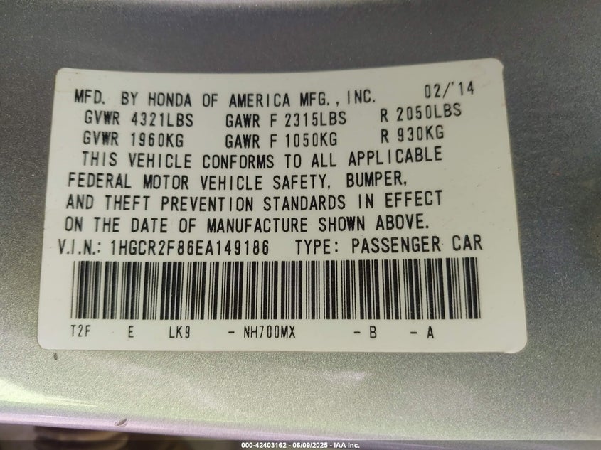 2014 HONDA ACCORD VIN: 1HGCR2F86EA149186