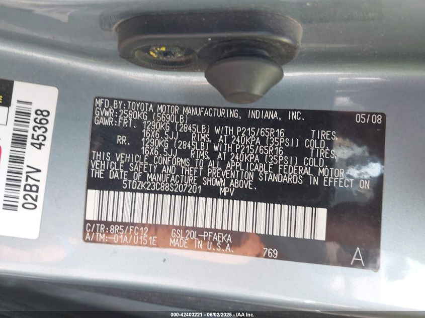 2008 Toyota Sienna Le VIN: 5TDZK23C88S207201 Lot: 42403221