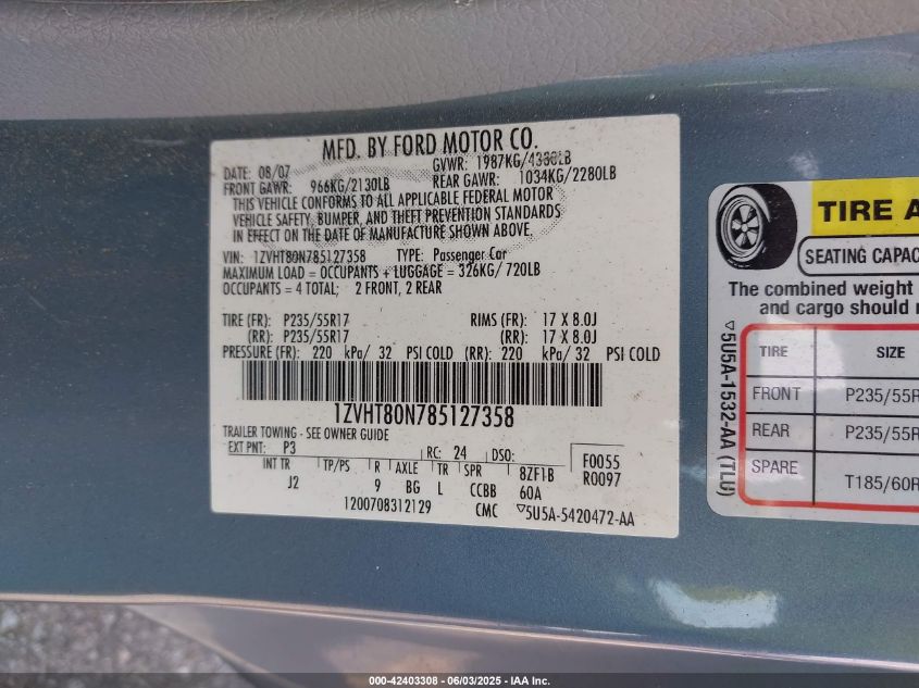 2008 Ford Mustang V6 VIN: 1ZVHT80N785127358 Lot: 42403308