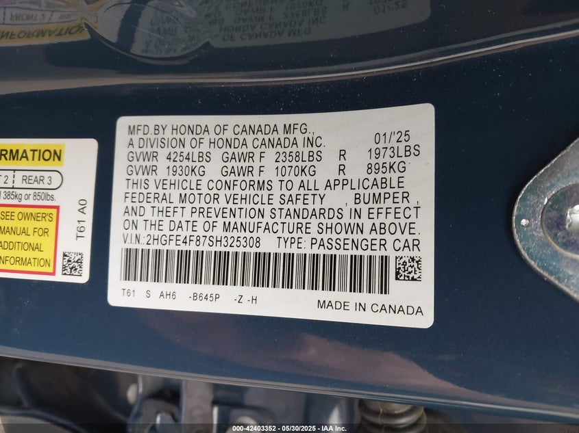 2025 HONDA CIVIC HYBRID SPORT/SPORT TOURING - 2HGFE4F87SH325308