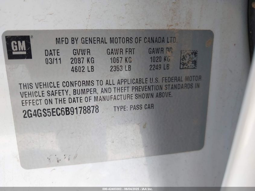 2011 Buick Regal VIN: 02G4GSEC6B9178878 Lot: 42403383