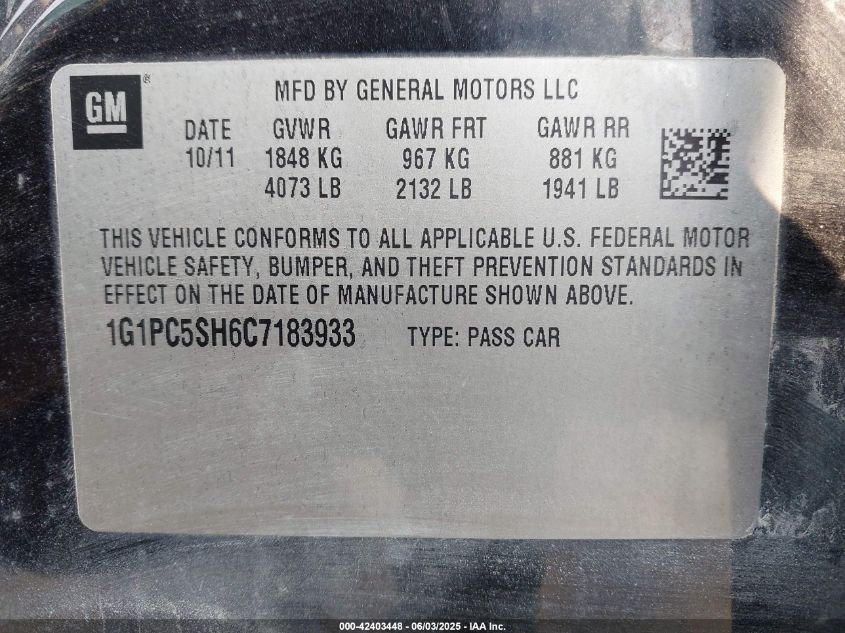 2012 Chevrolet Cruze Ls VIN: 1G1PC5SH6C7183933 Lot: 42403448