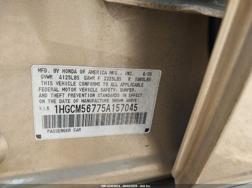 2005 Honda Accord 2.4 Ex VIN: 1HGCM56775A157045 Lot: 42403624