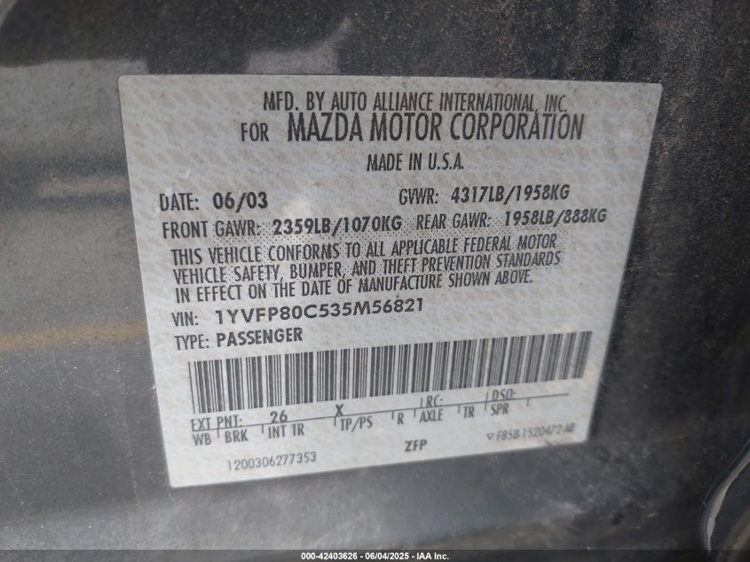 2003 Mazda Mazda6 I VIN: 1YVFP80C535M56821 Lot: 42403626
