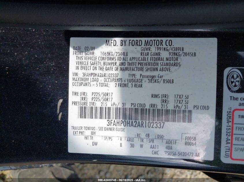 2010 Ford Fusion Se VIN: 3FAHP0HA2AR102337 Lot: 42403745