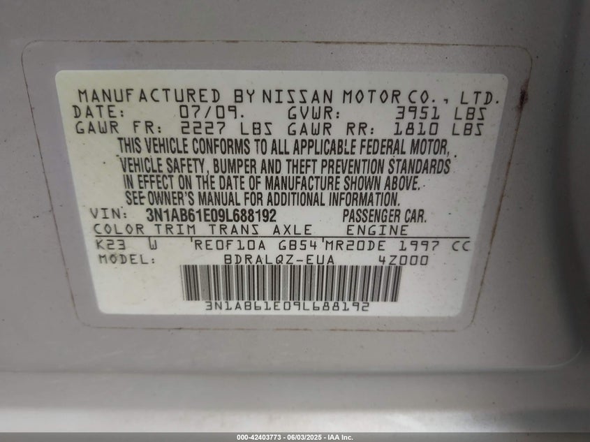 2009 NISSAN SENTRA VIN: 3N1AB61E09L688192