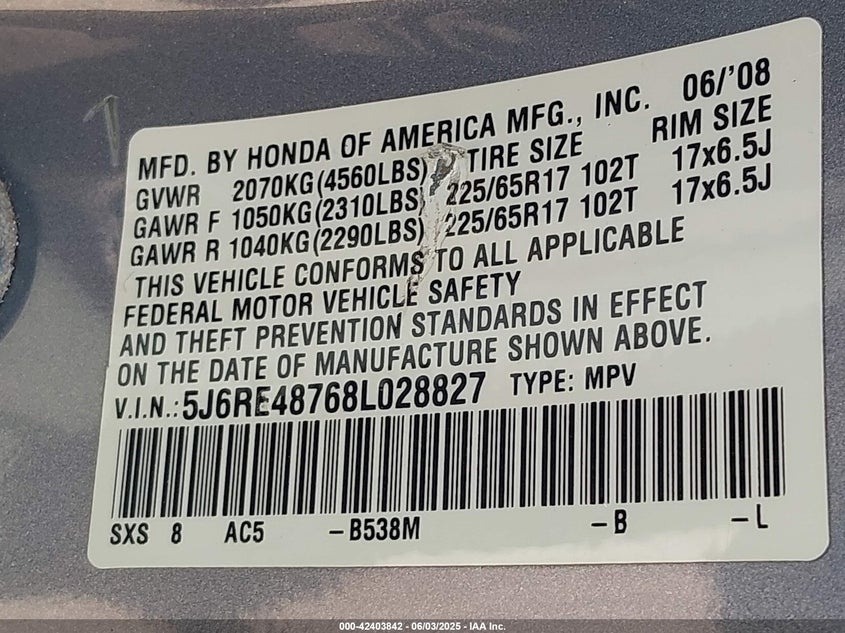 2008 HONDA CR-V VIN: 5J6RE48768L028827