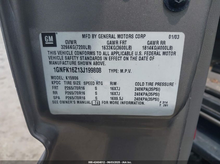 2003 Chevrolet Suburban Ls/Lt/Z71 VIN: 1GNFK16Z13J19980 Lot: 42404012