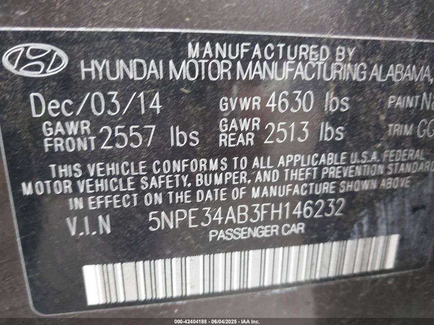 2015 Hyundai Sonata Limited 2.0T VIN: 5NPE34AB3FH146232 Lot: 42404188