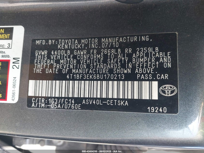 2011 TOYOTA CAMRY VIN: 4T1BF3EK6BU170213