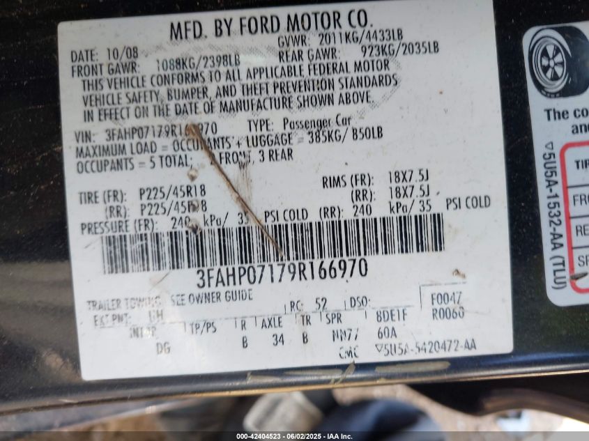 2009 Ford Fusion Se VIN: 3FAHP07179R166970 Lot: 42404523