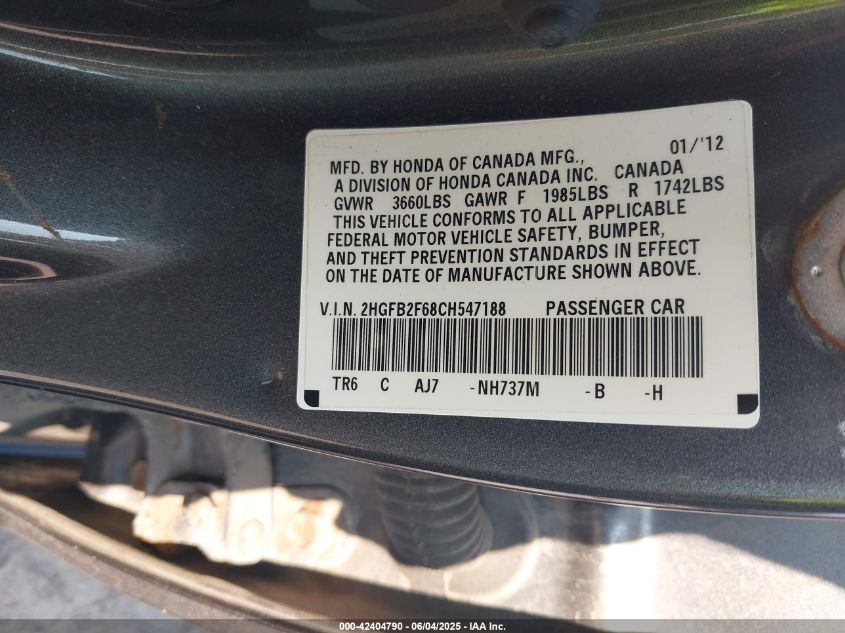 2012 Honda Civic Hf VIN: 2HGFB2F68CH547188 Lot: 42404790