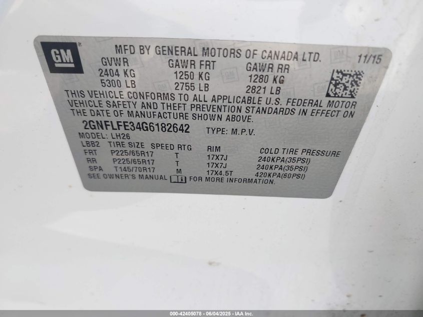 2016 Chevrolet Equinox Lt VIN: 2GNFLFE34G6182642 Lot: 42405078