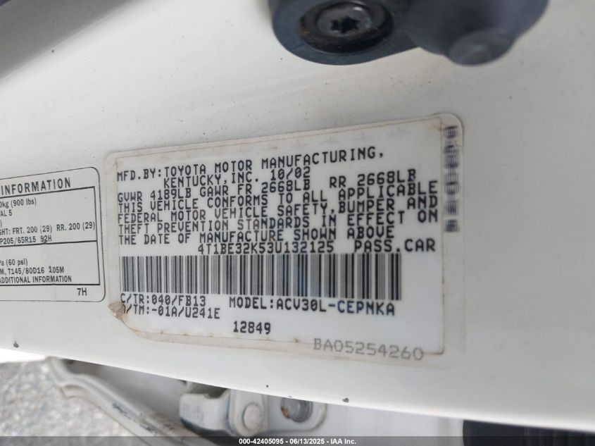 2003 Toyota Camry Le VIN: 4T1BE32K53U132125 Lot: 42906572