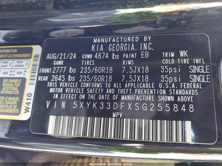 VIN 5XYK33DFXSG255848 2025 KIA SPORTAGE EX