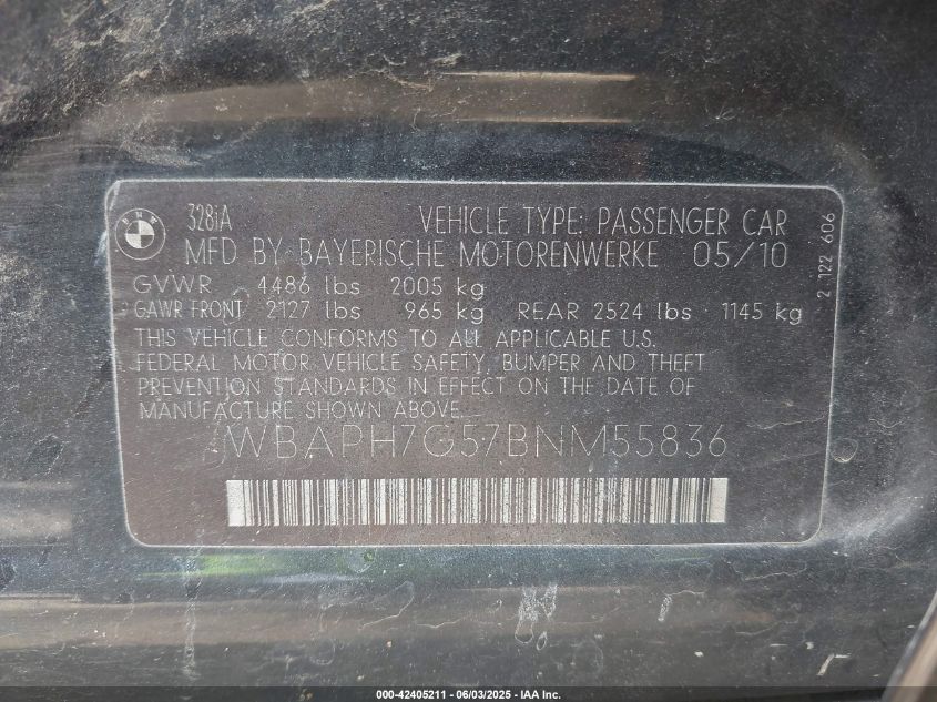2011 BMW 328I VIN: WBAPH7G57BNM55836 Lot: 42405211