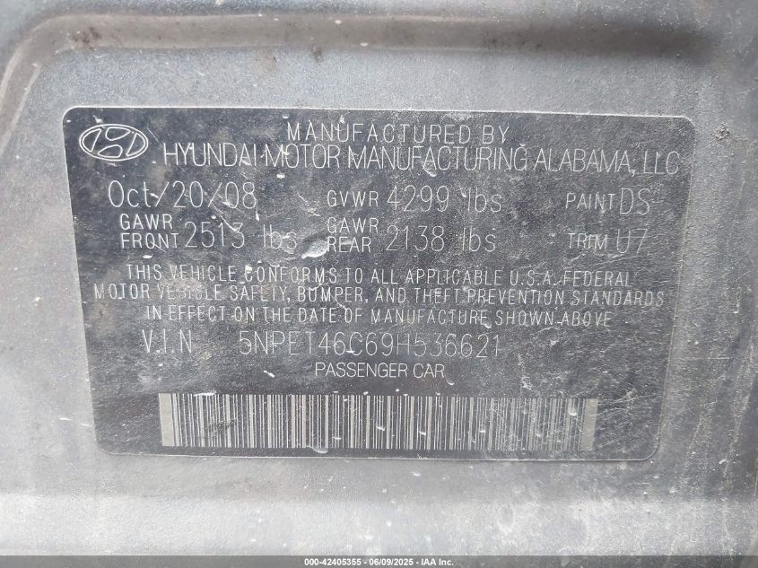 2009 Hyundai Sonata Gls VIN: 5NPET46C69H536621 Lot: 42405355