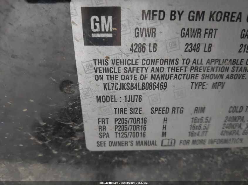 2020 Chevrolet Trax Fwd Ls VIN: KL7CJKSB4LB086469 Lot: 42405523