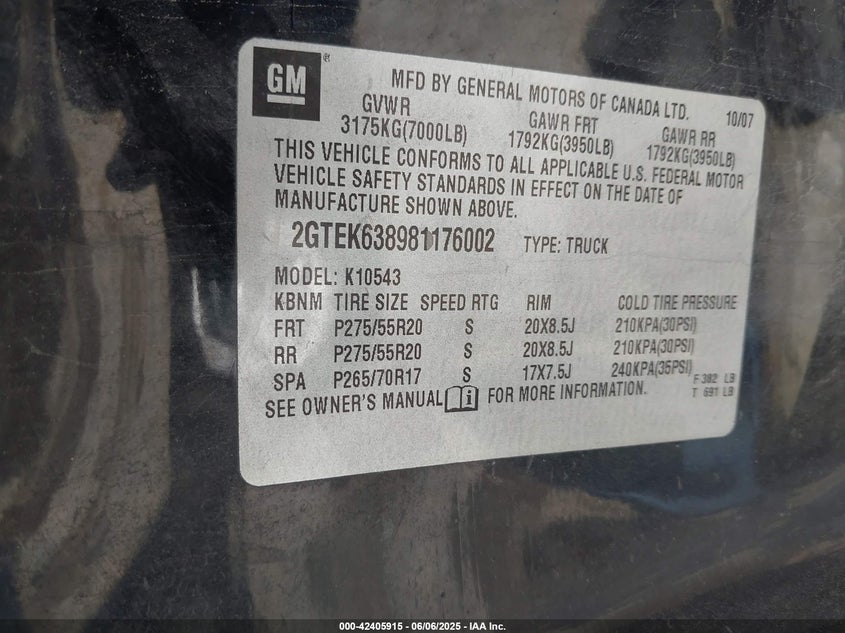 2008 GMC Sierra 1500 Denali VIN: 2GTEK638981176002 Lot: 42405915