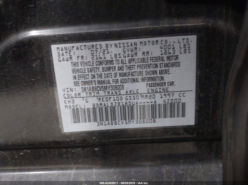 VIN 3N1AB8CV5MY308008 2021 NISSAN SENTRA SV XTRONIC CVT