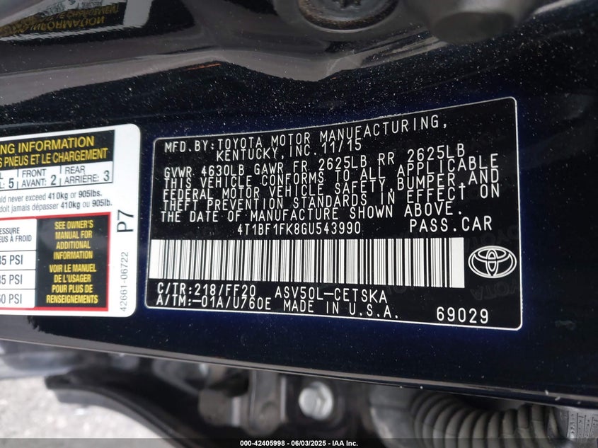 2016 TOYOTA CAMRY VIN: 4T1BF1FK8GU543990