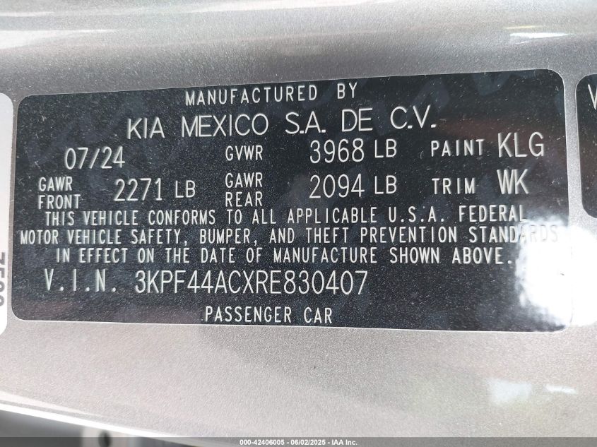 2024 Kia Forte Gt VIN: 3KPF44ACXRE830407 Lot: 42406005
