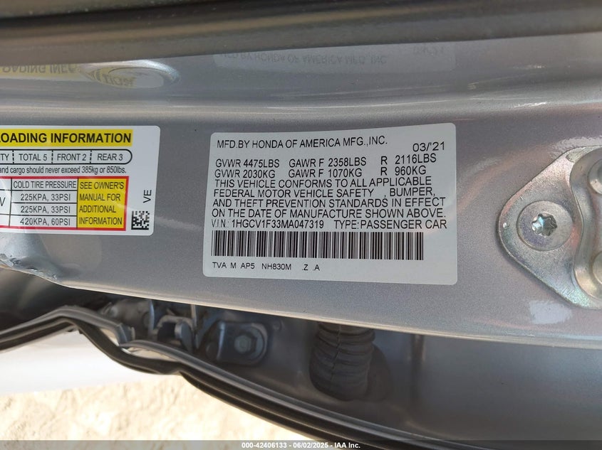 2021 Honda Accord Sport VIN: 1HGCV1F33MA047319 Lot: 42406133