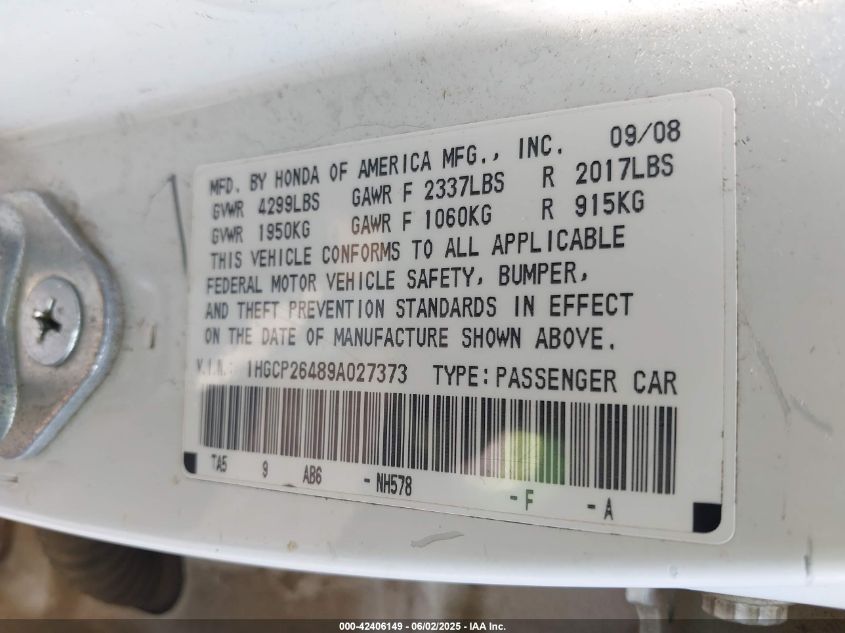 2009 Honda Accord 2.4 Lx-P VIN: 1HGCP26489A027373 Lot: 42406149