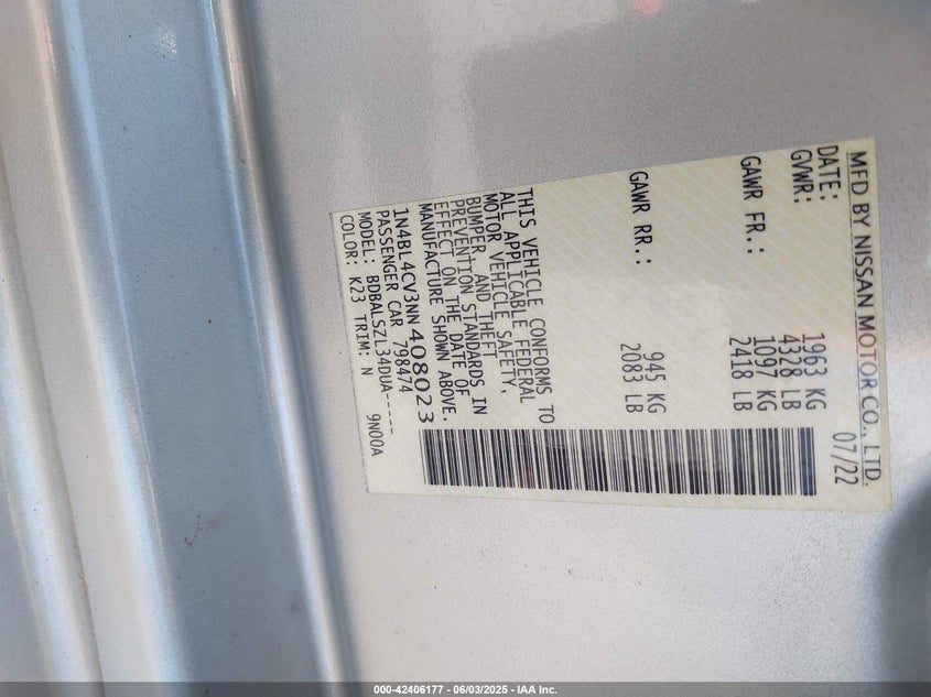 2022 Nissan Altima Sr Fwd VIN: 1N4BL4CV3NN408023 Lot: 42406177