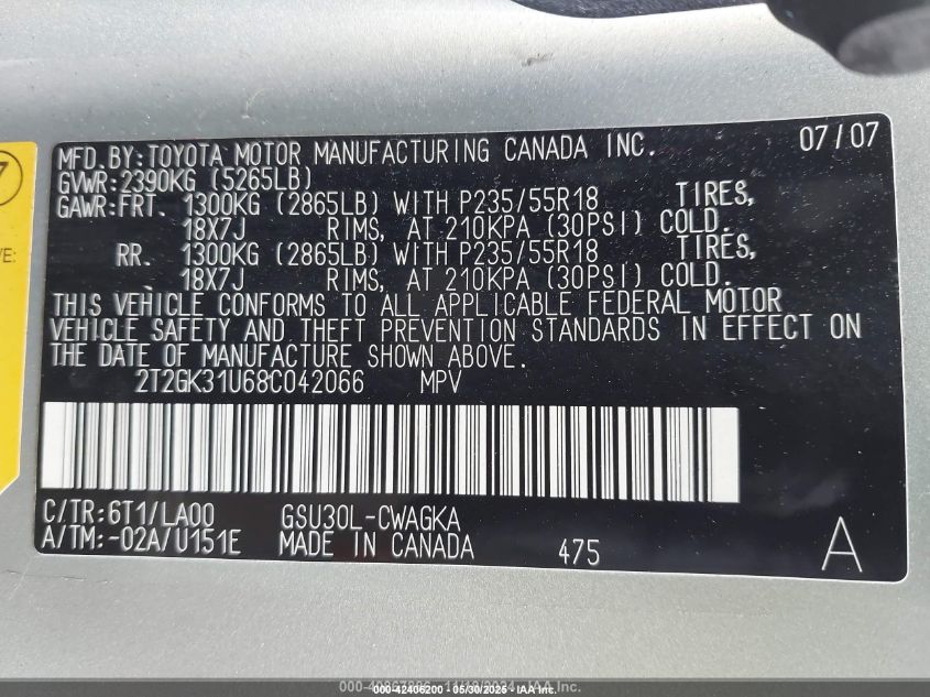 2008 Lexus Rx 350 VIN: 2T2GK31U68C042066 Lot: 42406200