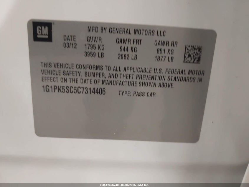 2012 CHEVROLET CRUZE VIN: 1G1PK5SC5C7314406