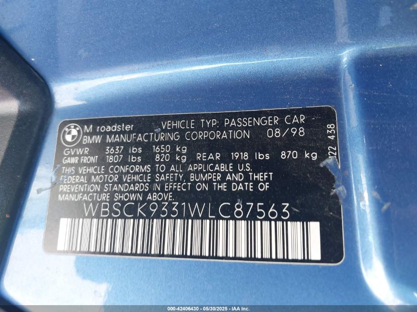 1998 BMW M VIN: WBSCK9331WLC87563 Lot: 42406430