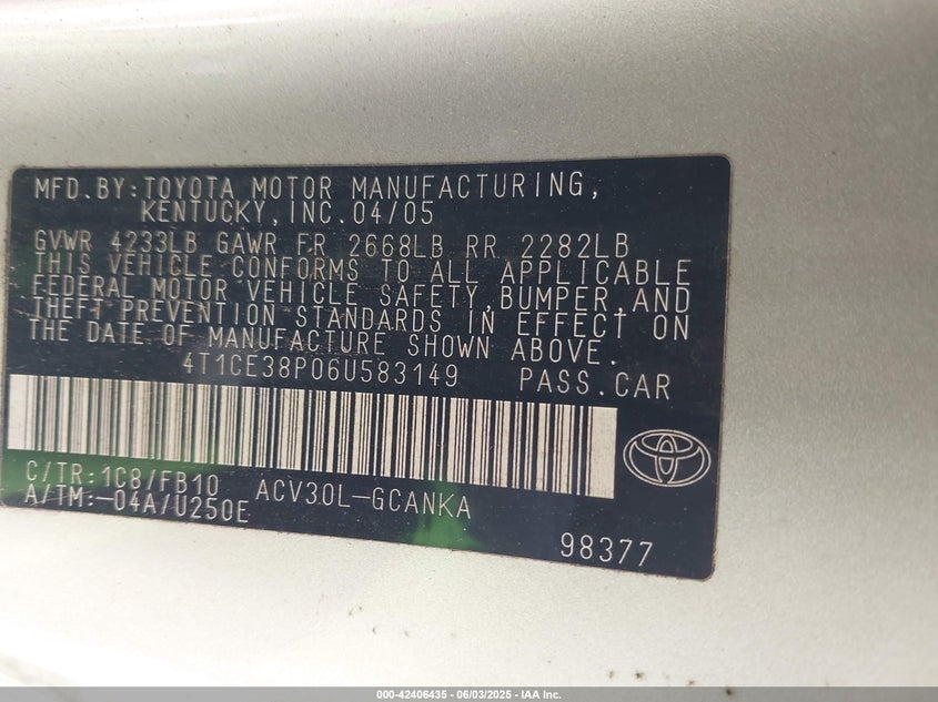 2006 TOYOTA CAMRY SOLARA VIN: 4T1CE38P06U583149