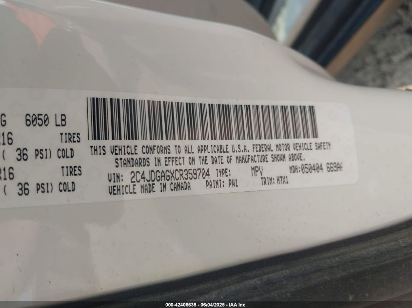 2012 Ram Cargo C/V VIN: 2C4JDGAGXCR359704 Lot: 42406635