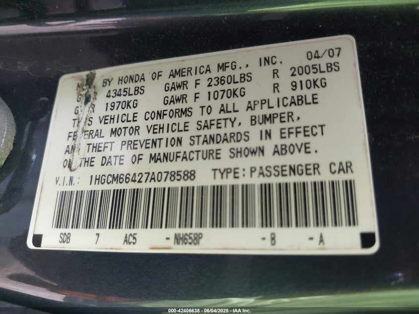 2007 HONDA ACCORD VIN: 1HGCM66427A078588