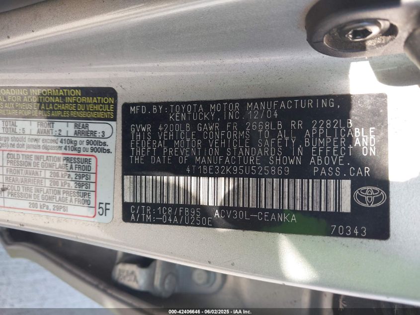 2005 Toyota Camry Le VIN: 4T1BE32K95U525869 Lot: 42406646
