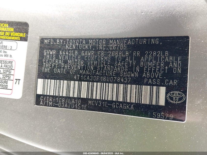 2006 TOYOTA CAMRY SOLARA VIN: 4T1CA30P16U078437