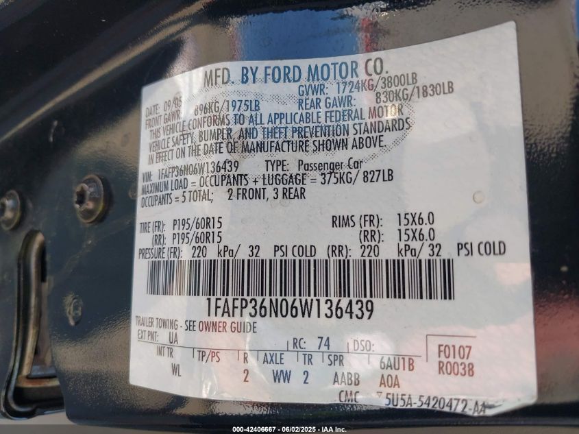 2006 Ford Focus Zxw VIN: 1FAFP36N06W136439 Lot: 42406667