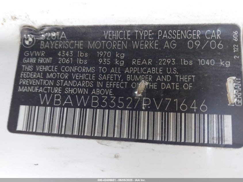 2007 BMW 328I VIN: WBAWB33527PV71646 Lot: 42406681