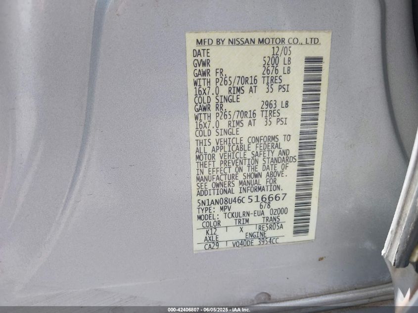 2006 Nissan Xterra S VIN: 5N1AN08U46C516667 Lot: 42406807