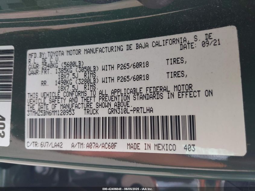 2021 Toyota Tacoma Limited VIN: 3TMHZ5BN6MM120953 Lot: 42406848