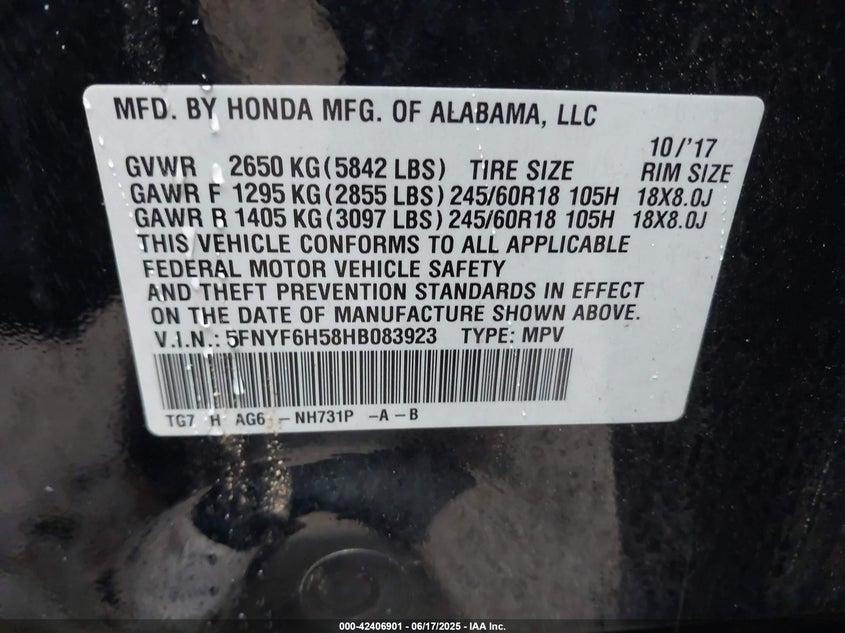 2017 HONDA PILOT VIN: 5FNYF6H58HB083923