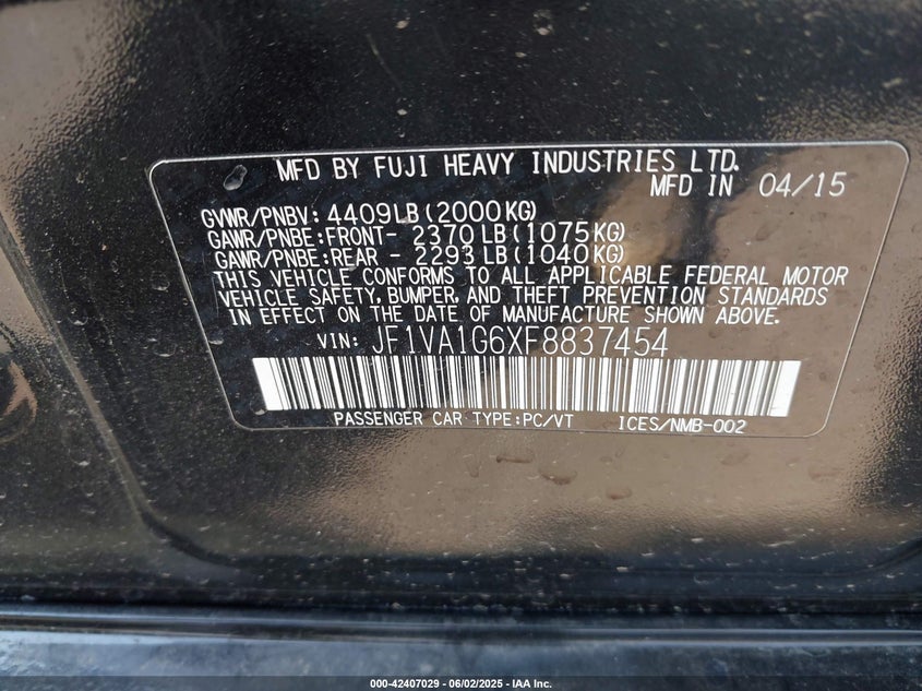2015 SUBARU WRX VIN: JF1VA1G6XF8837454