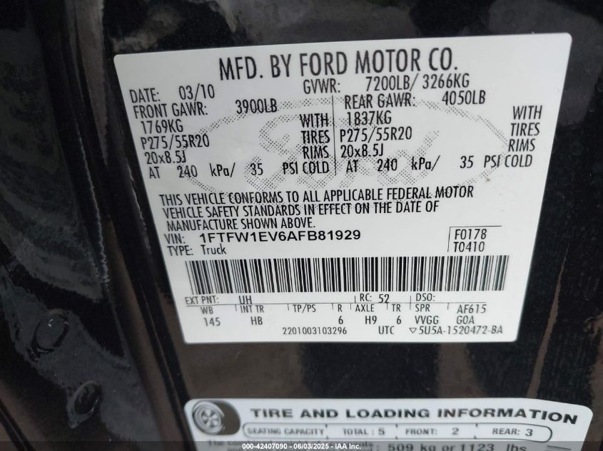 2010 Ford F-150 Fx4/Harley-Davidson/King Ranch/Lariat/Platinum/Xl/Xlt VIN: 1FTFW1EV6AFB81929 Lot: 42407090