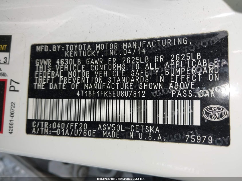 2014 TOYOTA CAMRY VIN: 4T1BF1FK5EU807812