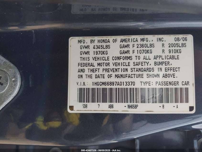 2007 Honda Accord 3.0 Ex VIN: 1HGCM66897A013370 Lot: 42407326