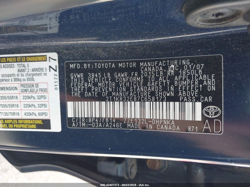 2007 TOYOTA MATRIX VIN: 2T1KR32E87C658173