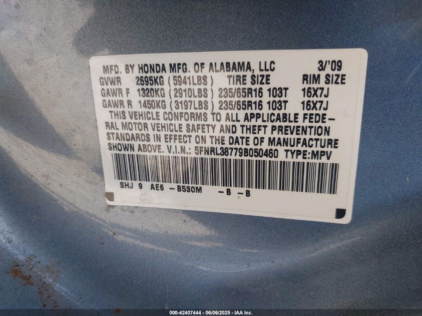 2009 Honda Odyssey Ex-L VIN: 5FNRL38779B050460 Lot: 42407444