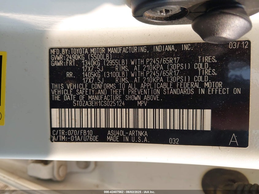 2012 TOYOTA HIGHLANDER VIN: 5TDZA3EH1CS025124